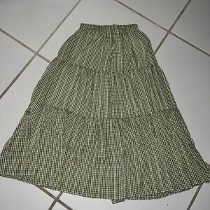 Floral embroidery Green/white plaid long skirt